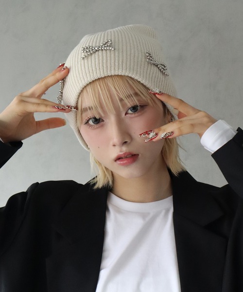 BARELY BLUE（ベアリーブルー）の「【 BARELY BLUE / ベアリーブルー 】 リボン ビーズ ニットキャップ / ニット帽（ニットキャップ/ビーニー・レディース・グレー/ホワイト/アイボリー/ブラック・FREE）」の15枚目の写真