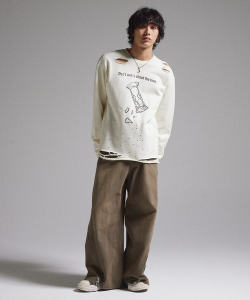 GRANCY ラインストーンダメージスウェット セール】【GRANCY】LinestoneDesign GraphicDamage SweatPullover