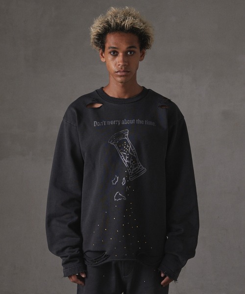 セール】【GRANCY】LinestoneDesign GraphicDamage SweatPullover