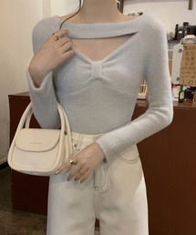リボンデザインカットアウトシャギーニットプルオーバー
