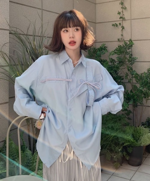 i-dare(アイディア)の「【i-dare】韓国風 オーバーサイズ ブラウス シャツ(シャツ/ブラウス・レディース・ホワイト/ブルー・FREE)」の6枚目の写真