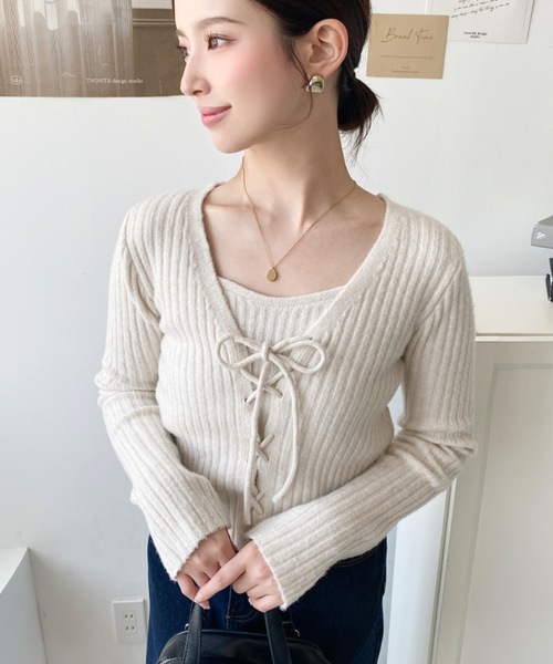 ミッソーニレディースアンサンブルニットレースカーディガン♡美品♡ セール】キャミ付きレースアップショート丈リブニット