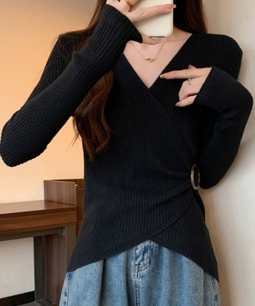 deux amour(ドゥーザムール)の「リングバックルカシュクールニットプルオーバー(ニット/セーター・レディース・ブラウン/ホワイト/ブラック・FREE)」の8枚目の写真