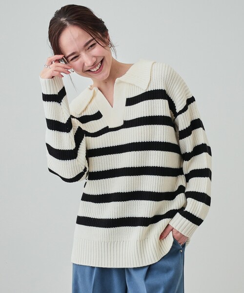 セール】【S-LL】襟付きでこなれる 畦編みゆるニット（ニット/セーター