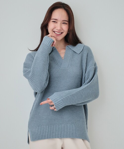 セール】【S-LL】襟付きでこなれる 畦編みゆるニット（ニット/セーター