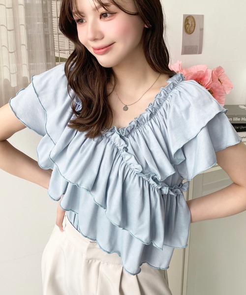 moment+（モーメントプラス）の「マルチウェイオフショルクロスフリルTシャツ（Tシャツ/カットソー・レディース・イエロー/オフホワイト/サックスブルー/ブラック/ピンク・M/L）」の4枚目の写真