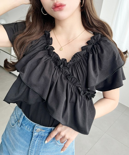 moment+（モーメントプラス）の「マルチウェイオフショルクロスフリルTシャツ（Tシャツ/カットソー・レディース・イエロー/オフホワイト/サックスブルー/ブラック/ピンク・M/L）」の3枚目の写真
