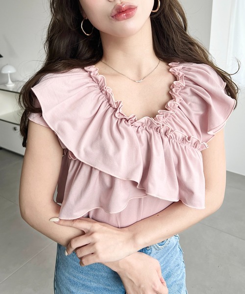 moment+（モーメントプラス）の「マルチウェイオフショルクロスフリルTシャツ（Tシャツ/カットソー・レディース・イエロー/オフホワイト/サックスブルー/ブラック/ピンク・M/L）」の12枚目の写真