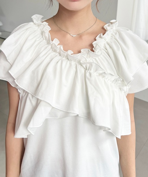 moment+（モーメントプラス）の「マルチウェイオフショルクロスフリルTシャツ（Tシャツ/カットソー・レディース・イエロー/オフホワイト/サックスブルー/ブラック/ピンク・M/L）」の16枚目の写真