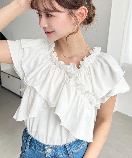 moment+（モーメントプラス）の「マルチウェイオフショルクロスフリルTシャツ（Tシャツ/カットソー・レディース・イエロー/オフホワイト/サックスブルー/ブラック/ピンク・M/L）」の8枚目の写真