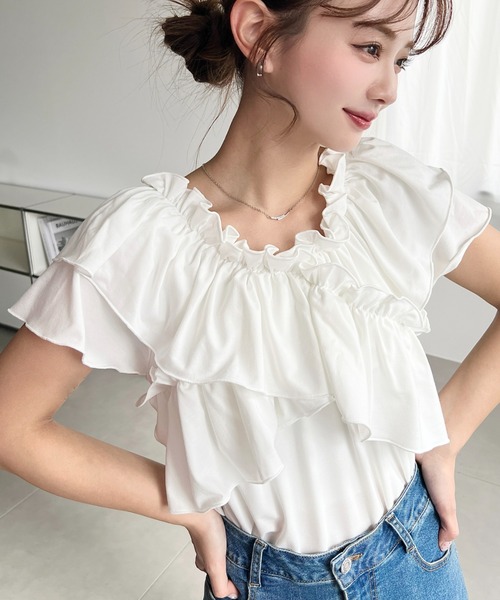 moment+（モーメントプラス）の「マルチウェイオフショルクロスフリルTシャツ（Tシャツ/カットソー・レディース・イエロー/オフホワイト/サックスブルー/ブラック/ピンク・M/L）」の9枚目の写真