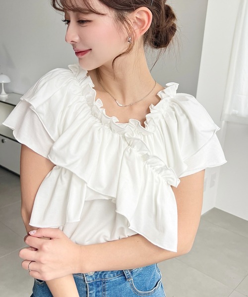 moment+（モーメントプラス）の「マルチウェイオフショルクロスフリルTシャツ（Tシャツ/カットソー・レディース・イエロー/オフホワイト/サックスブルー/ブラック/ピンク・M/L）」の10枚目の写真