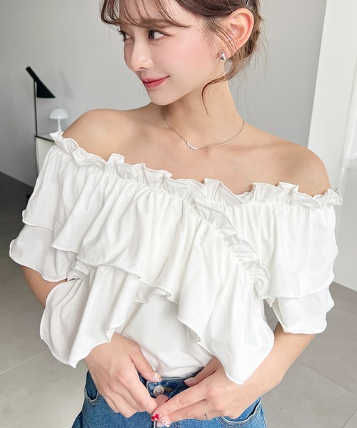 moment+（モーメントプラス）の「マルチウェイオフショルクロスフリルTシャツ（Tシャツ/カットソー・レディース・イエロー/オフホワイト/サックスブルー/ブラック/ピンク・M/L）」の6枚目の写真
