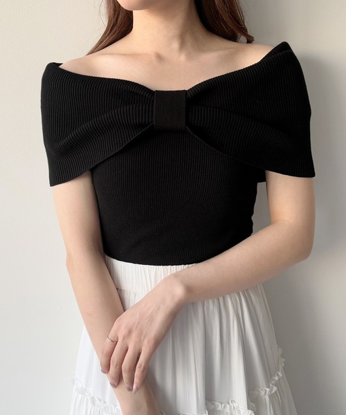 mipiarl(ミピアール)の「リボンオフショルニット(ニット/セーター・レディース・ブラック/アイボリー/チャコール・MEDIUM/LARGE)」の4枚目の写真