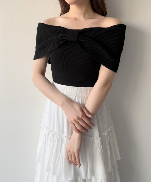 mipiarl(ミピアール)の「リボンオフショルニット(ニット/セーター・レディース・ブラック/アイボリー/チャコール・MEDIUM/LARGE)」の6枚目の写真