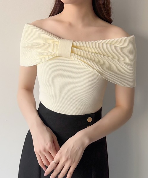 mipiarl(ミピアール)の「リボンオフショルニット(ニット/セーター・レディース・ブラック/アイボリー/チャコール・MEDIUM/LARGE)」の14枚目の写真
