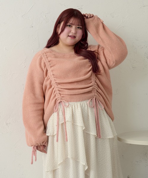 Louiosy(ルオシー)の「【大きいサイズ】ドロストスパンコールニットプルオーバー(ニット/セーター・レディース・ピンク/グリーン/アイボリー・X-LARGE/3L/4L)」の3枚目の写真