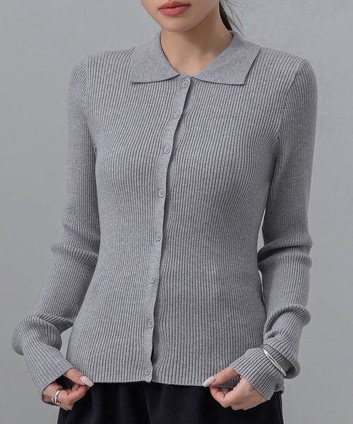 ニットトップス　グレー セール】【細見え縦ライン】長袖 ポロカラー フロントボタン 細リブ