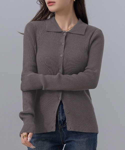 DAY CLOSET（デイ クローゼット）の「【細見え縦ライン】長袖 ポロカラー フロントボタン 細リブ ニット トップス レディース（ニット/セーター・レディース・ネイビー/チャコールグレー/クリーム/グレー・FREE）」の2枚目の写真