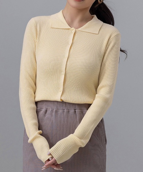 DAY CLOSET（デイ クローゼット）の「【細見え縦ライン】長袖 ポロカラー フロントボタン 細リブ ニット トップス レディース（ニット/セーター・レディース・ネイビー/チャコールグレー/クリーム/グレー・FREE）」の3枚目の写真