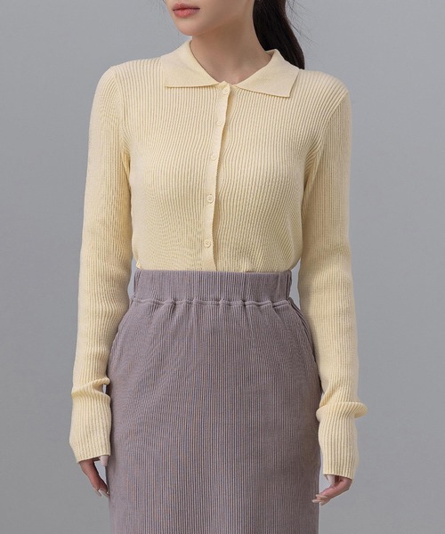 DAY CLOSET（デイ クローゼット）の「【細見え縦ライン】長袖 ポロカラー フロントボタン 細リブ ニット トップス レディース（ニット/セーター・レディース・ネイビー/チャコールグレー/クリーム/グレー・FREE）」の19枚目の写真