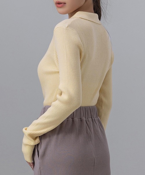DAY CLOSET（デイ クローゼット）の「【細見え縦ライン】長袖 ポロカラー フロントボタン 細リブ ニット トップス レディース（ニット/セーター・レディース・ネイビー/チャコールグレー/クリーム/グレー・FREE）」の20枚目の写真