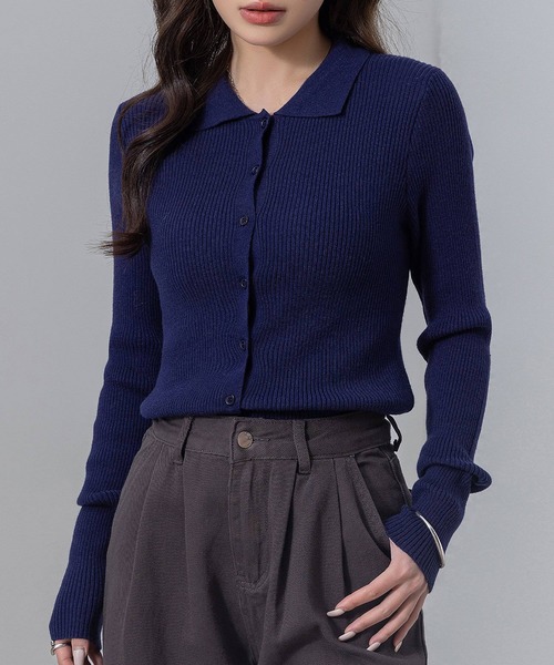 DAY CLOSET（デイ クローゼット）の「【細見え縦ライン】長袖 ポロカラー フロントボタン 細リブ ニット トップス レディース（ニット/セーター・レディース・ネイビー/チャコールグレー/クリーム/グレー・FREE）」の13枚目の写真