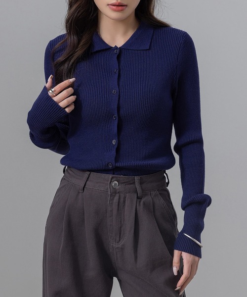 DAY CLOSET（デイ クローゼット）の「【細見え縦ライン】長袖 ポロカラー フロントボタン 細リブ ニット トップス レディース（ニット/セーター・レディース・ネイビー/チャコールグレー/クリーム/グレー・FREE）」の14枚目の写真