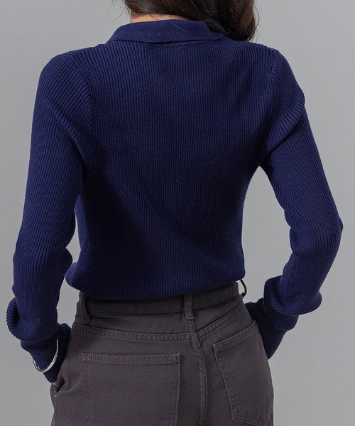 DAY CLOSET（デイ クローゼット）の「【細見え縦ライン】長袖 ポロカラー フロントボタン 細リブ ニット トップス レディース（ニット/セーター・レディース・ネイビー/チャコールグレー/クリーム/グレー・FREE）」の16枚目の写真