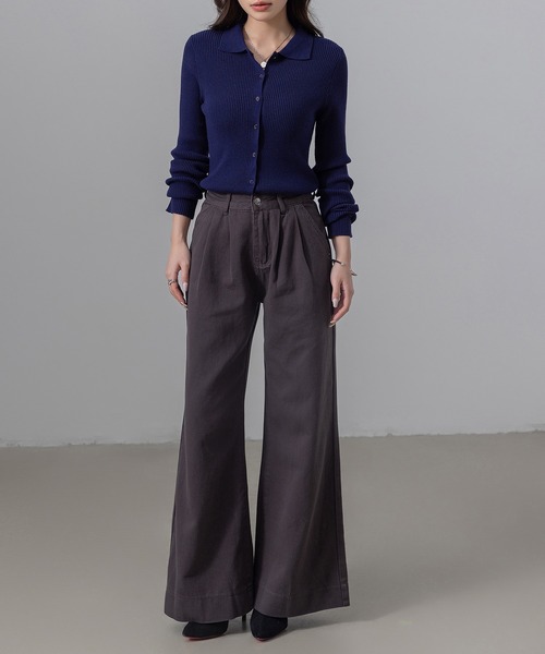 DAY CLOSET（デイ クローゼット）の「【細見え縦ライン】長袖 ポロカラー フロントボタン 細リブ ニット トップス レディース（ニット/セーター・レディース・ネイビー/チャコールグレー/クリーム/グレー・FREE）」の5枚目の写真