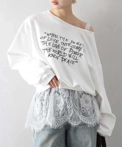 極美品 マッキントッシユフィロソフィー トップス 刺繍 白 セール】刺繍ロゴドッキングオフショルトップス（Tシャツ