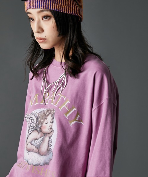 綿100％ピグメント染エンジェルプリントTシャツ＜大きいサイズ有