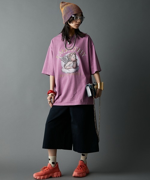 大きいサイズ レディース トップス 綿100％ピグメント染エンジェルプリントTシャツ有GEVS. 綿100％ピグメント染エンジェルプリントTシャツ＜大きいサイズ有