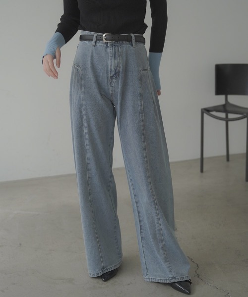 セール】Side panel switching Wide denim pants / サイドパネル