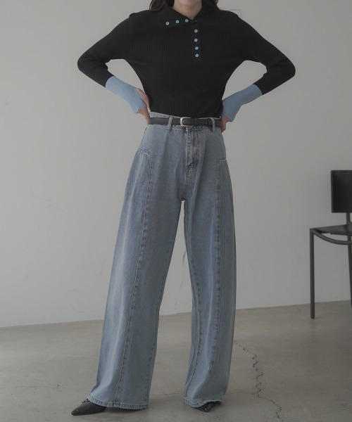 Clum（クルム）の「Side panel switching Wide denim pants / サイドパネル切り替えタックワイドデニムパンツ（デニムパンツ・レディース・ライトブルー・SMALL/LARGE/MEDIUM）」の12枚目の写真