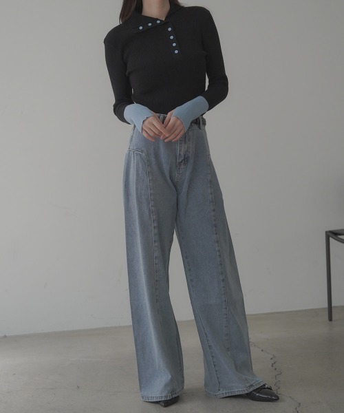 Clum（クルム）の「Side panel switching Wide denim pants / サイドパネル切り替えタックワイドデニムパンツ（デニムパンツ・レディース・ライトブルー・SMALL/LARGE/MEDIUM）」の13枚目の写真
