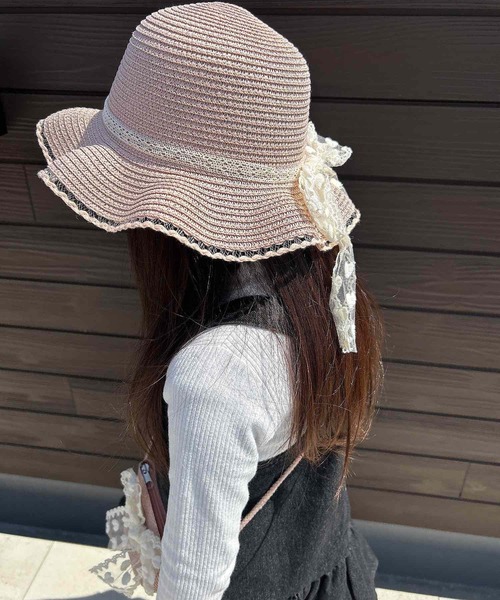 【新品】ハンドメイド　一点物　リボン　麦わら帽子　ベール　レース 新品】ハンドメイド 一点物 リボン 麦わら帽子 ベール レース