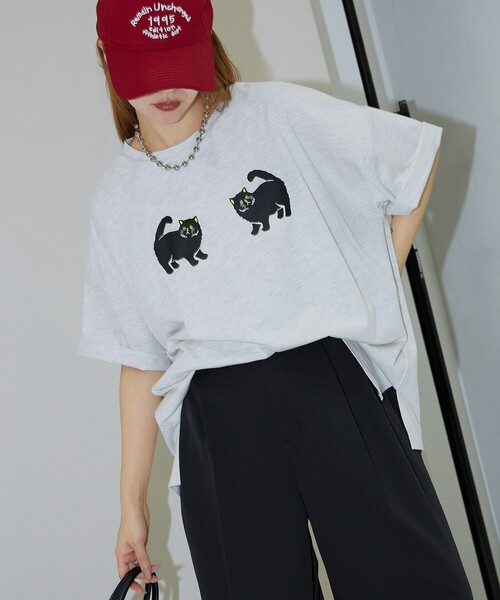 DOUBLE STANDARD CLOTHING - The Cat&#39;s Whiskers　キャット　ボックスプリント　変形Tシャツ DOUBLE STANDARD CLOTHING - The Cat's Whiskers キャット