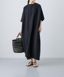 『2サイズ展開』リネンクルーネックワイドワンピース