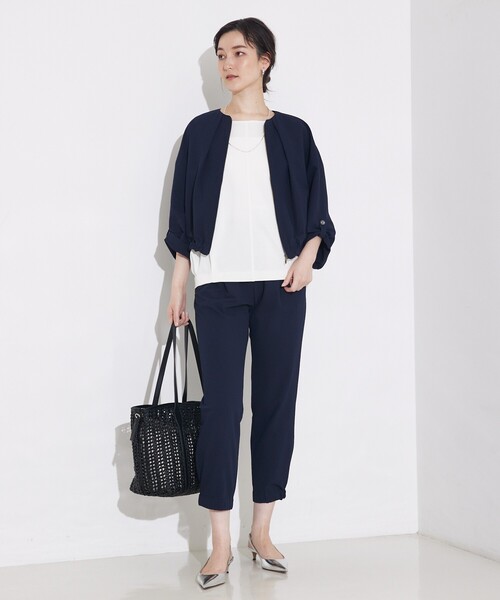 qualite(カリテ)の「【セットアップ対応】シアサッカーブルゾン/春服/夏服/サマージャケット/オフィスカジュアル/ドルマンジャケット(ブルゾン・レディース・ベージュ/ネイビー・38/36)」の16枚目の写真
