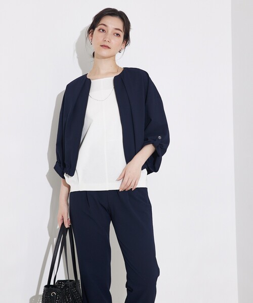qualite(カリテ)の「【セットアップ対応】シアサッカーブルゾン/春服/夏服/サマージャケット/オフィスカジュアル/ドルマンジャケット(ブルゾン・レディース・ベージュ/ネイビー・38/36)」の18枚目の写真