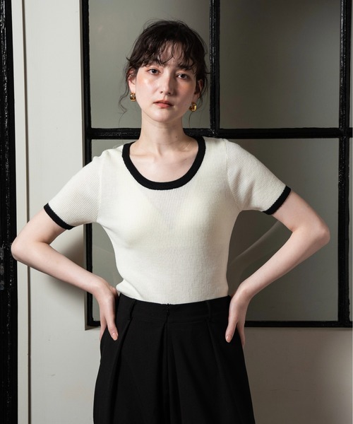 セール】bi color rib knit tops / バイカラーリブニット