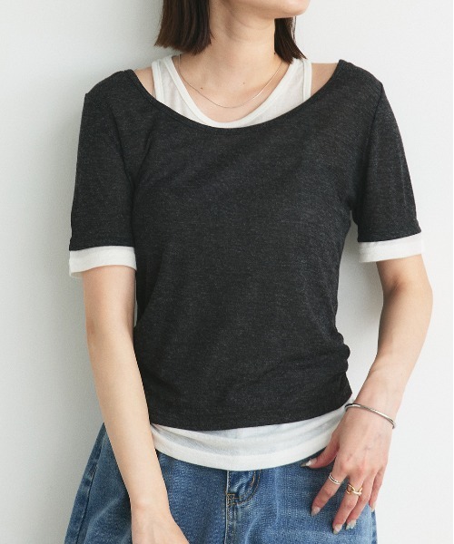 ad thie（アドティエ）の「レイヤードデザイン シアーカットソー（Tシャツ/カットソー・レディース・ライトグリーン/チャコール/ブラック/ライトピンク/ライトブルー・FREE）」の3枚目の写真