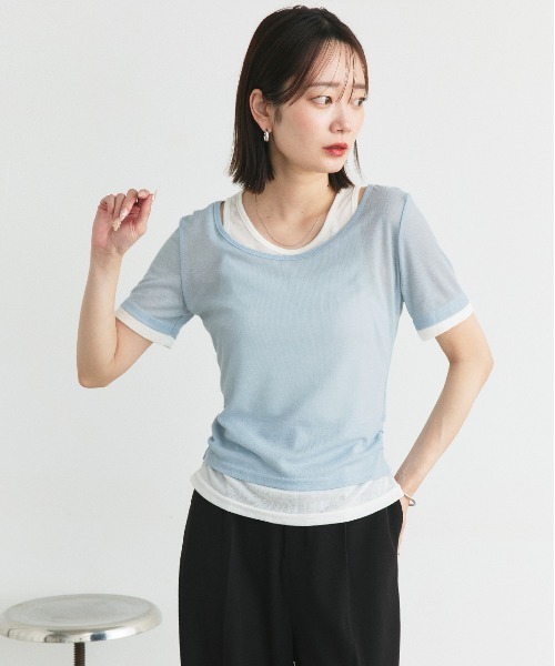 ad thie（アドティエ）の「レイヤードデザイン シアーカットソー（Tシャツ/カットソー・レディース・ライトグリーン/チャコール/ブラック/ライトピンク/ライトブルー・FREE）」の13枚目の写真