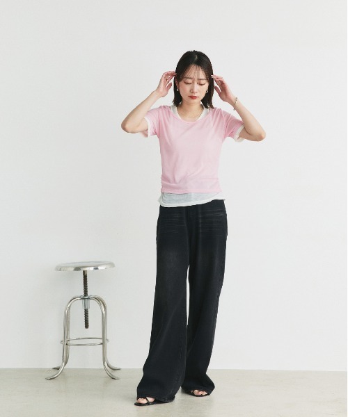ad thie（アドティエ）の「レイヤードデザイン シアーカットソー（Tシャツ/カットソー・レディース・ライトグリーン/チャコール/ブラック/ライトピンク/ライトブルー・FREE）」の11枚目の写真
