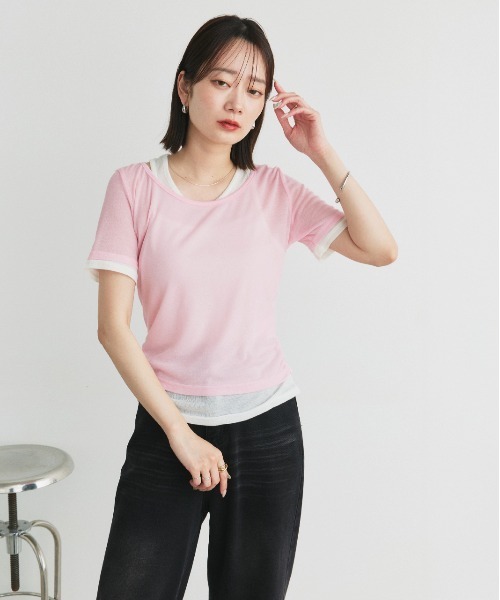 ad thie（アドティエ）の「レイヤードデザイン シアーカットソー（Tシャツ/カットソー・レディース・ライトグリーン/チャコール/ブラック/ライトピンク/ライトブルー・FREE）」の9枚目の写真