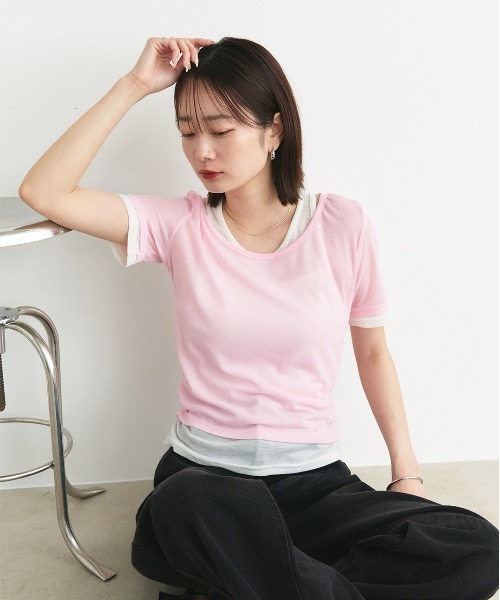 ad thie（アドティエ）の「レイヤードデザイン シアーカットソー（Tシャツ/カットソー・レディース・ライトグリーン/チャコール/ブラック/ライトピンク/ライトブルー・FREE）」の6枚目の写真