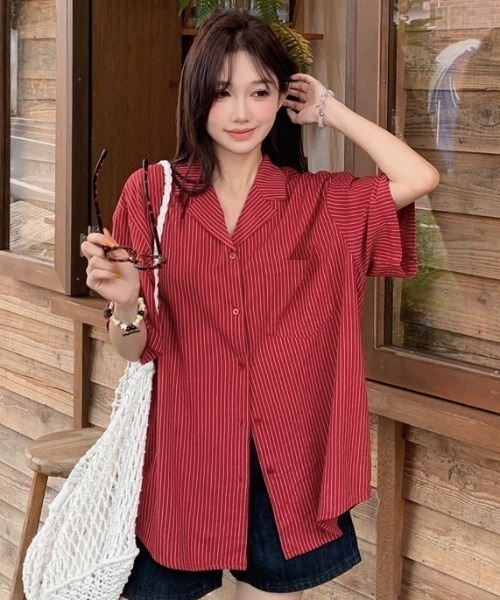 LADY LIKE(レディライク)の「ピンストライプゆったりオープンカラーシャツ(シャツ/ブラウス・レディース・イエロー/レッド/ピンク・M)」の6枚目の写真
