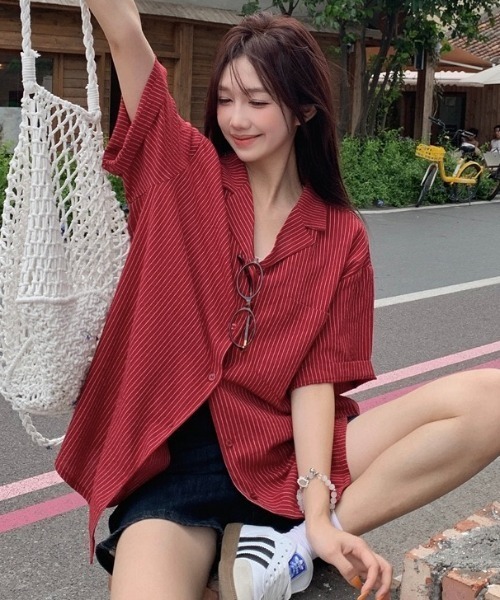LADY LIKE(レディライク)の「ピンストライプゆったりオープンカラーシャツ(シャツ/ブラウス・レディース・イエロー/レッド/ピンク・M)」の8枚目の写真