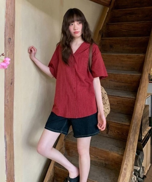 LADY LIKE(レディライク)の「ピンストライプゆったりオープンカラーシャツ(シャツ/ブラウス・レディース・イエロー/レッド/ピンク・M)」の9枚目の写真